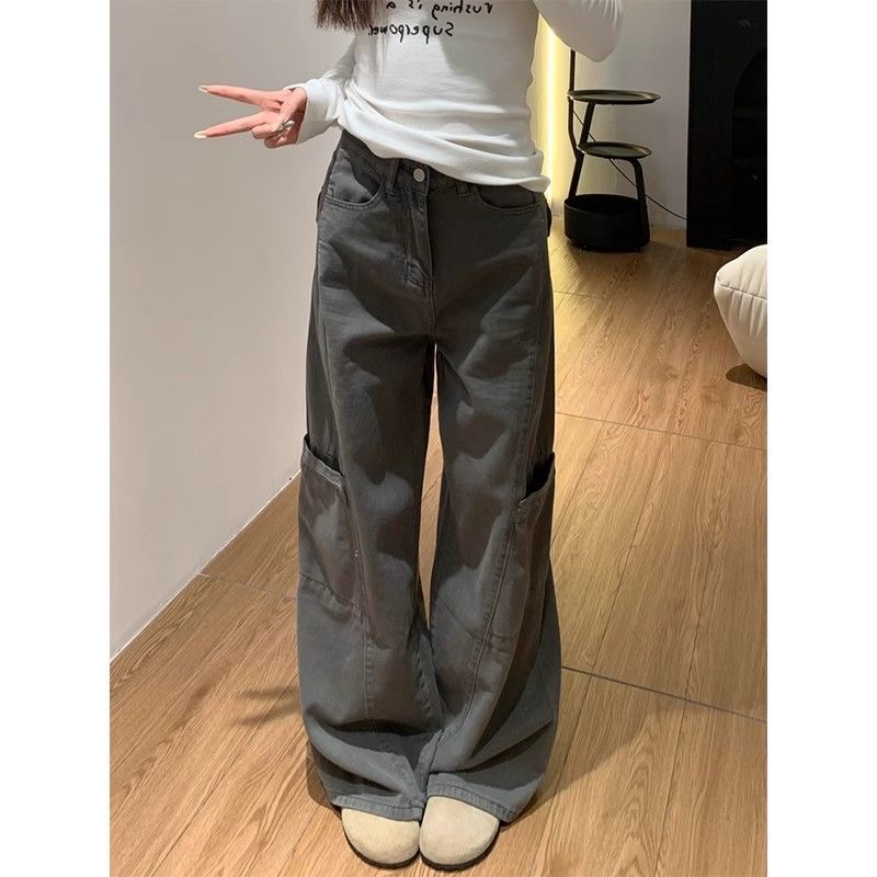 灰色阔腿微喇叭工装牛仔裤女2025年秋季新款宽松显瘦加长拖地裤子