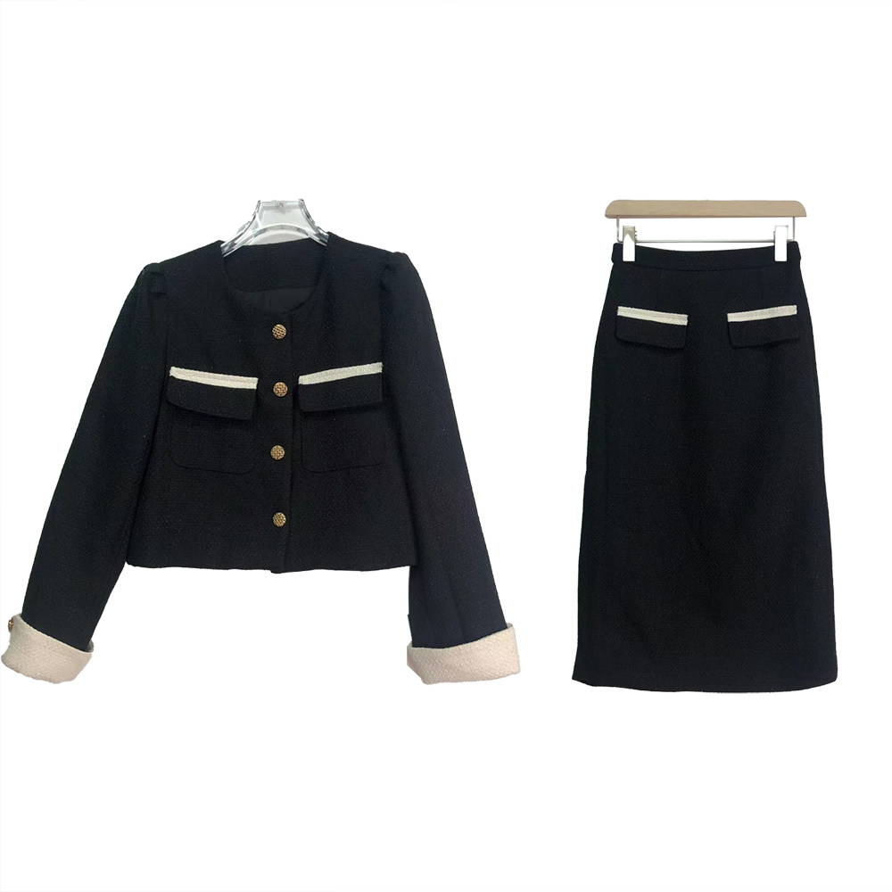 E231【新款】休闲百搭单排扣假口袋上衣开叉半身裙黑色两件套