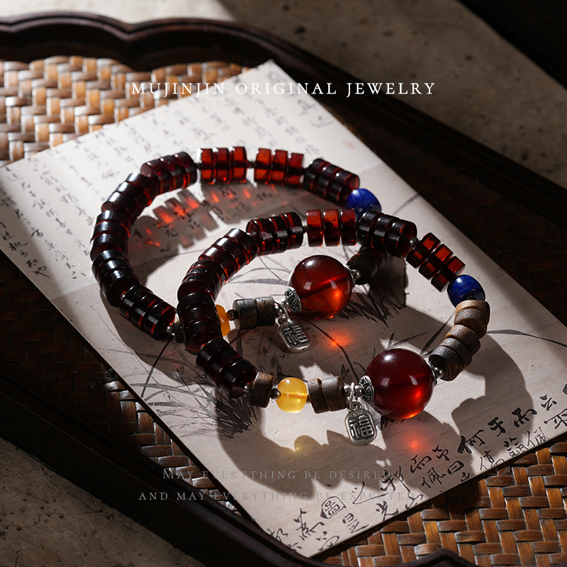 【木槿槿】天然血珀手链女款约8m小众首饰串珠手链时尚多样性发一