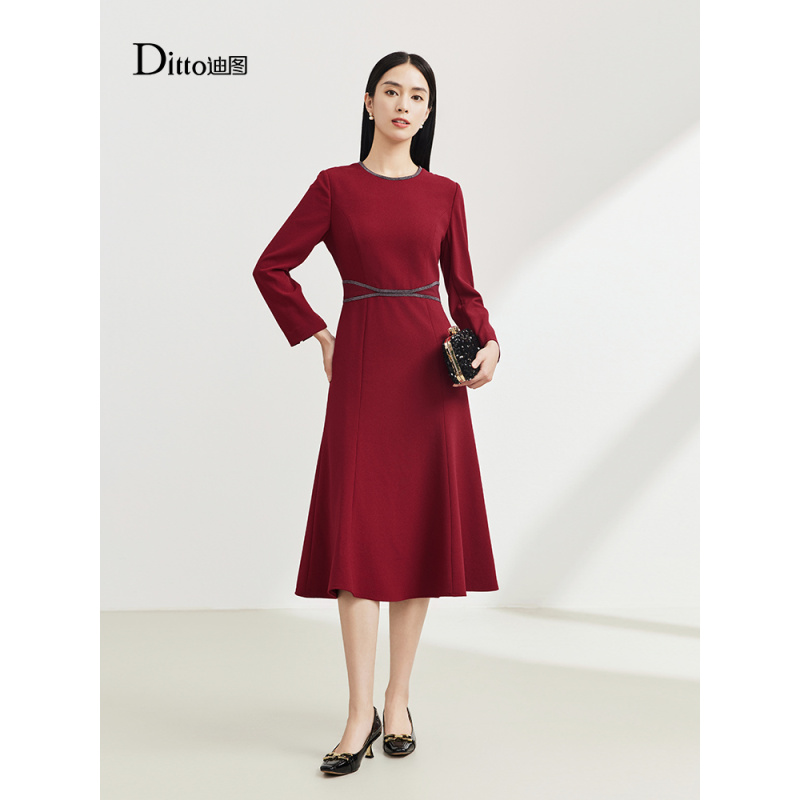 【Ditto】秋冬新款气质名媛显瘦连衣裙时尚中长裙GUDD935