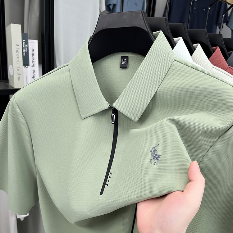 夏季新款短袖轻奢POLO衫男款拉链无痕BL马标体恤爸爸上衣休闲时尚