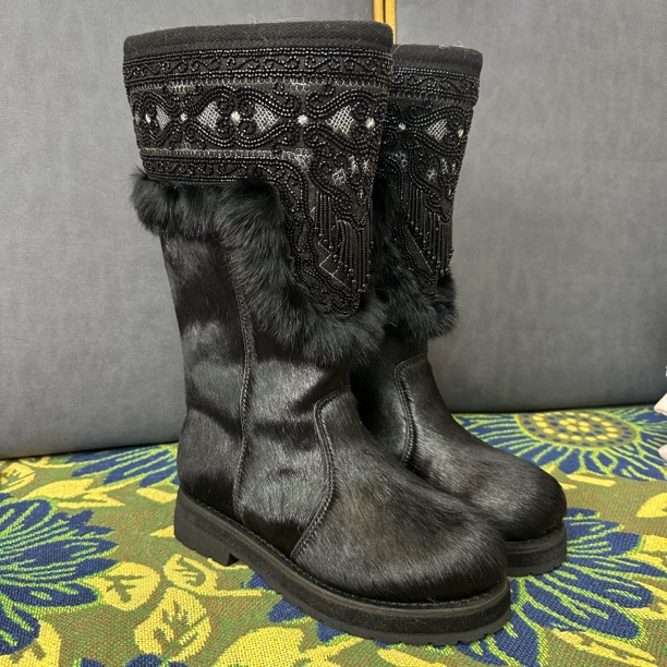 乌勒优选女士【高筒女款黑色】马皮羊皮毛一体高帮保暖东北内蒙古