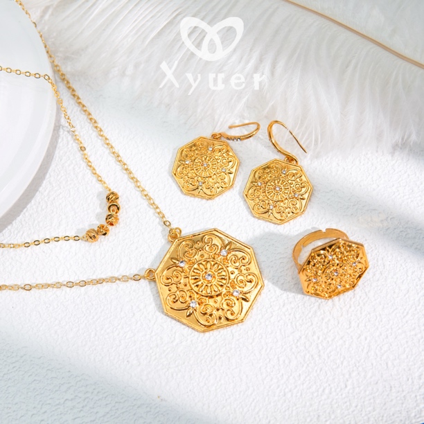 铜合金项链 Xyuer谢雨儿菱形雕花复古手工气质首饰套装