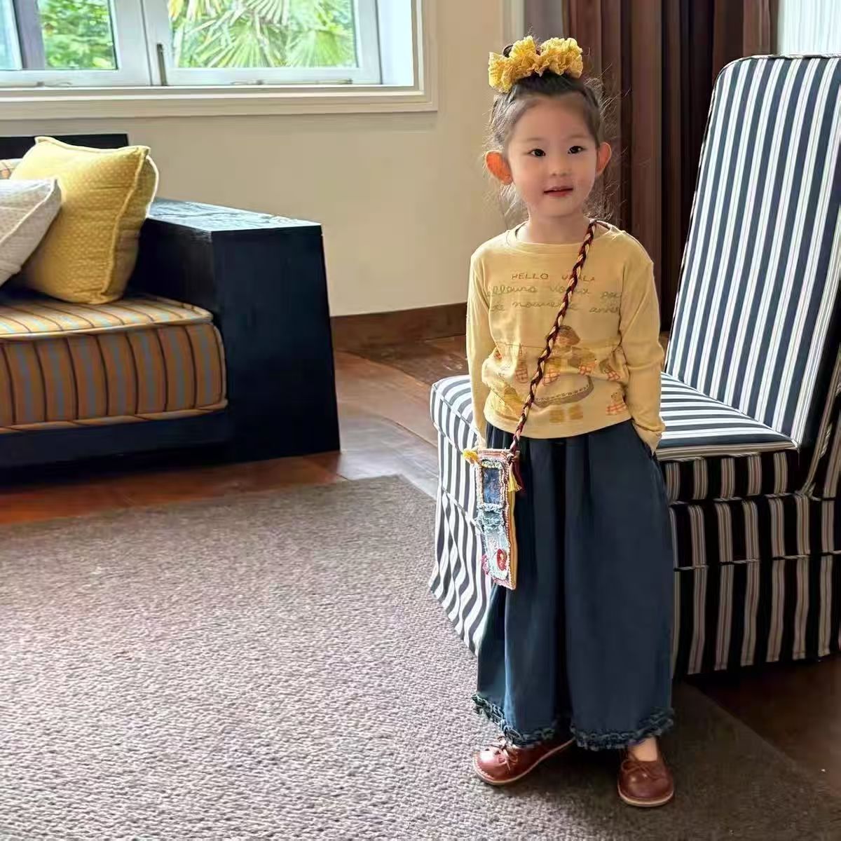 女童秋款套装儿童宝宝长袖T恤两件套时髦洋气上衣花边牛仔裤两件