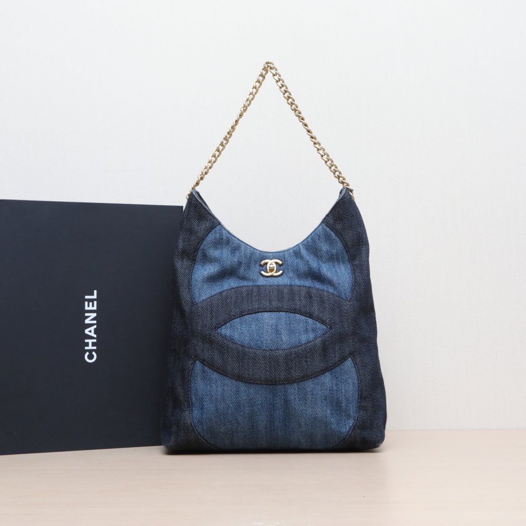 99新 Chanel/香奈儿 小花柳 牛仔蓝 帆布 芯片开 HOBO 单肩包