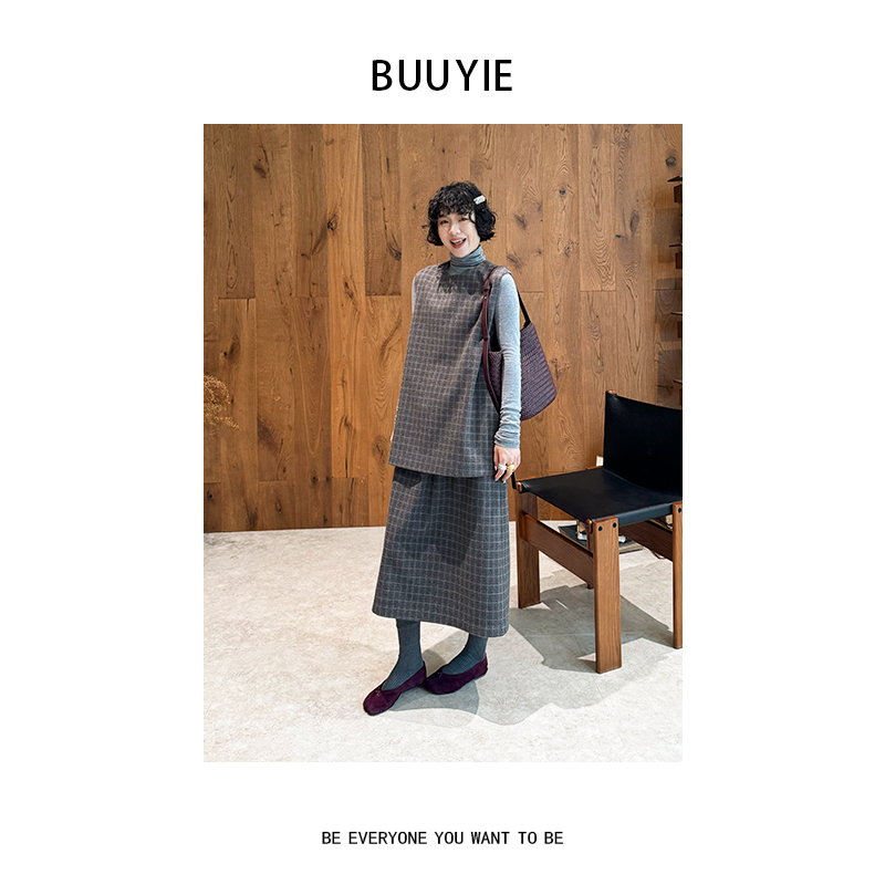 BUUYIE【木樨】设计师高级感休闲无袖格纹秋冬套装女新款251115