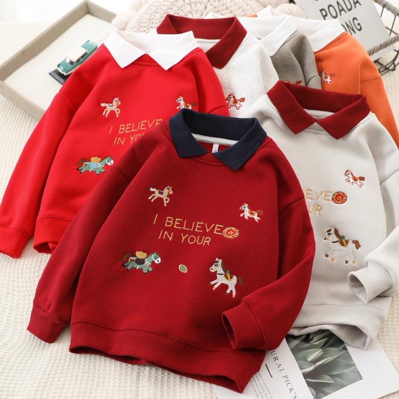 男童红色加绒卫衣儿童翻领打底POLO衫中大童新年衣服冬季保暖上衣