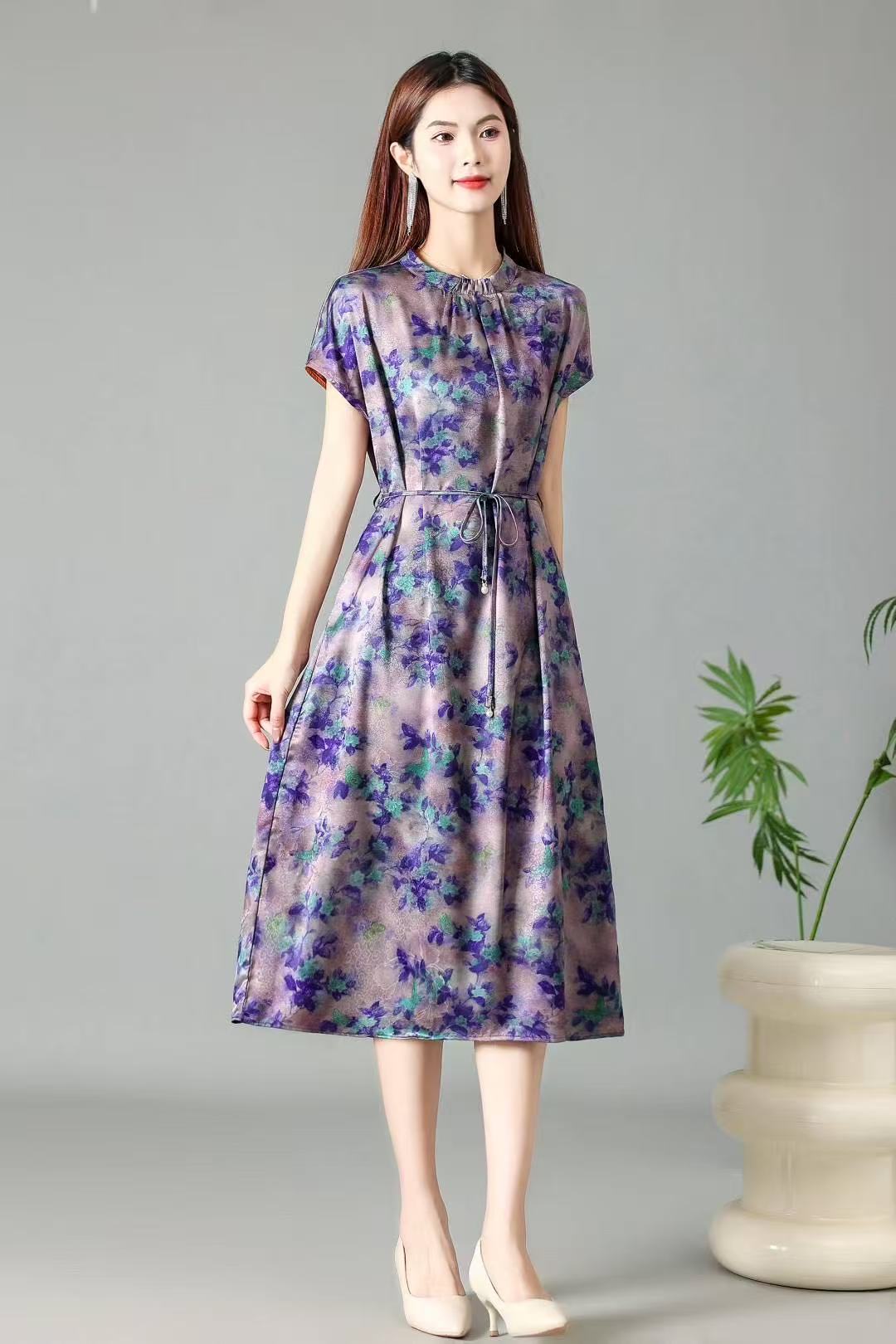 夏季新款气质显瘦短袖连衣裙圆领宽松8016