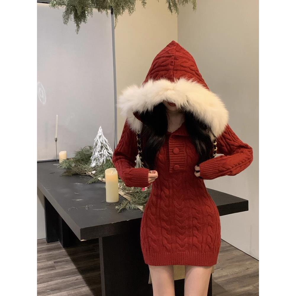 圣诞性感跨年战袍连衣裙女秋冬连帽毛领长袖麻花红色包臀短裙子潮