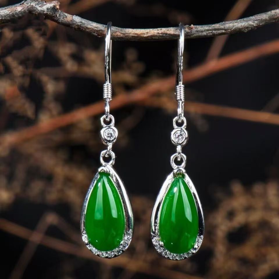 碧玉水滴耳坠银色菠菜绿时尚耳坠