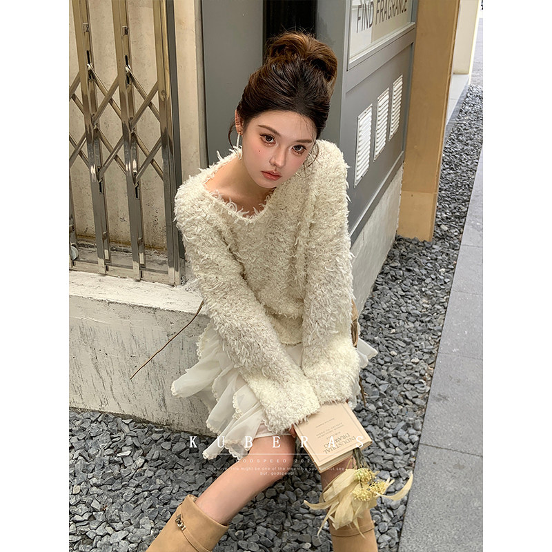 KUBERAS【月光舒曼】慵懒随性长款宽松圆领落肩针织上衣羊毛毛衣