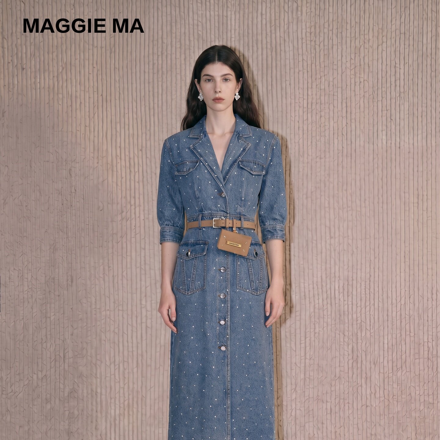 MAGGIE MA马婧轻奢满钻西装领牛仔裙女束腰带口袋气质通勤459D