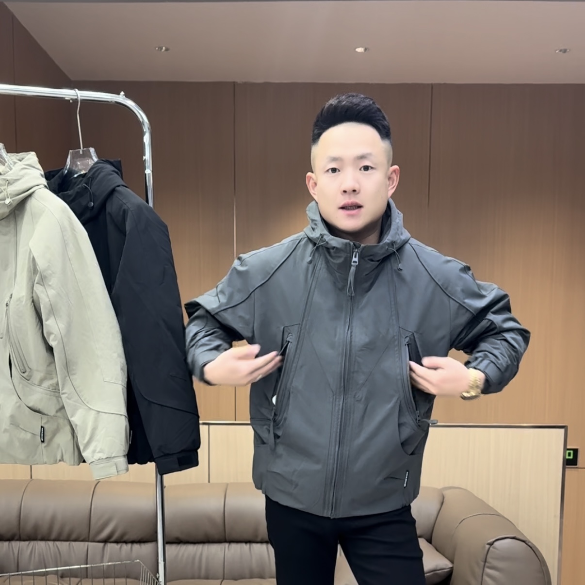 秋季新款时尚男士高级百搭运动连帽冲锋衣棉服男款冬季四件套8611