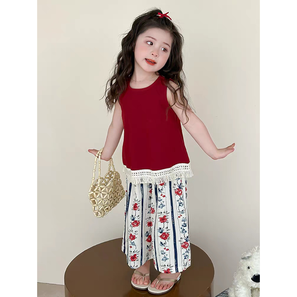 女童夏季无袖套装2025新款儿童背心阔腿裤时髦两件套宝宝薄款衣服