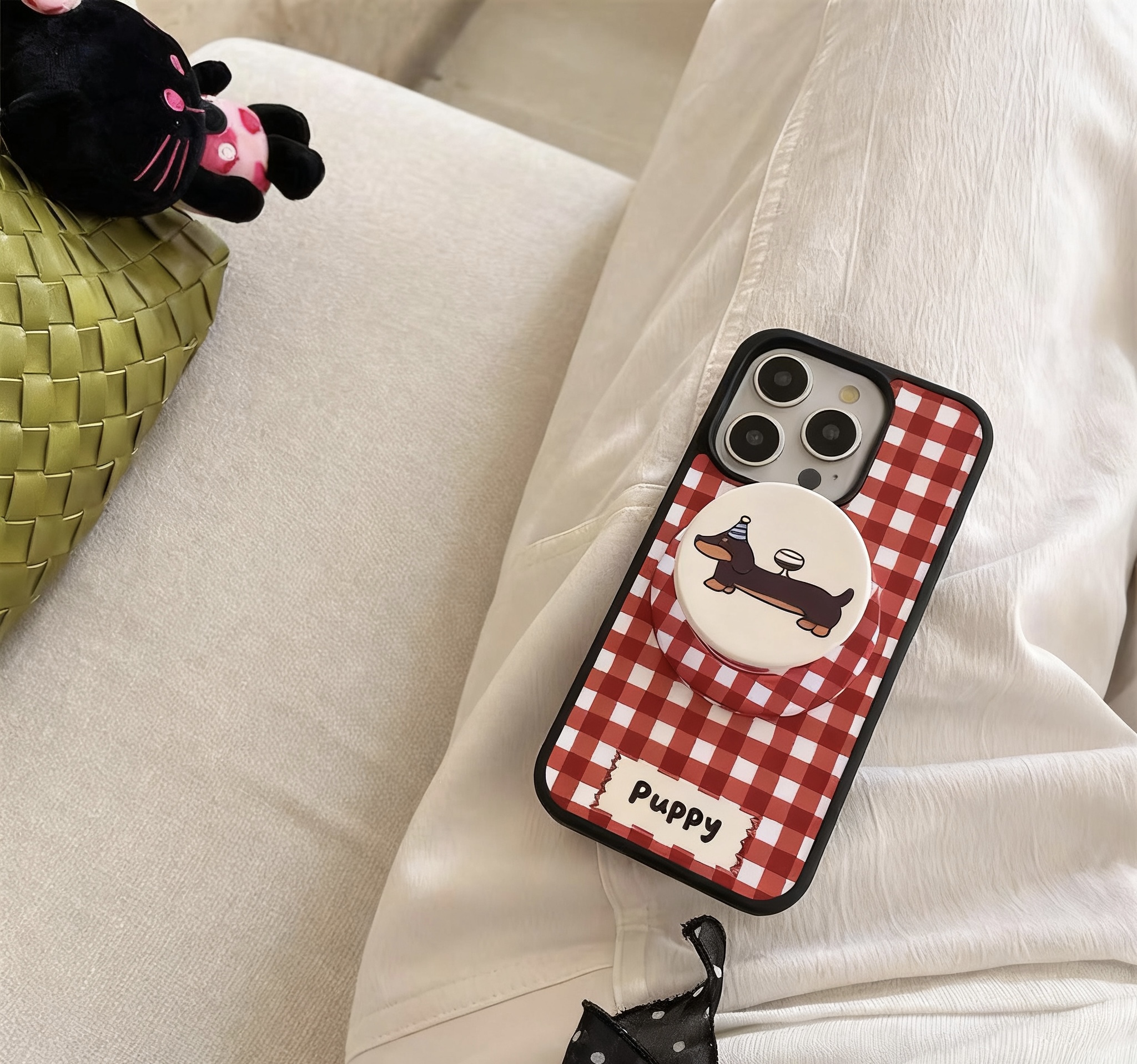 隆隆金适用苹果17手机壳红格纹puppy带支架16promax保护套15外壳