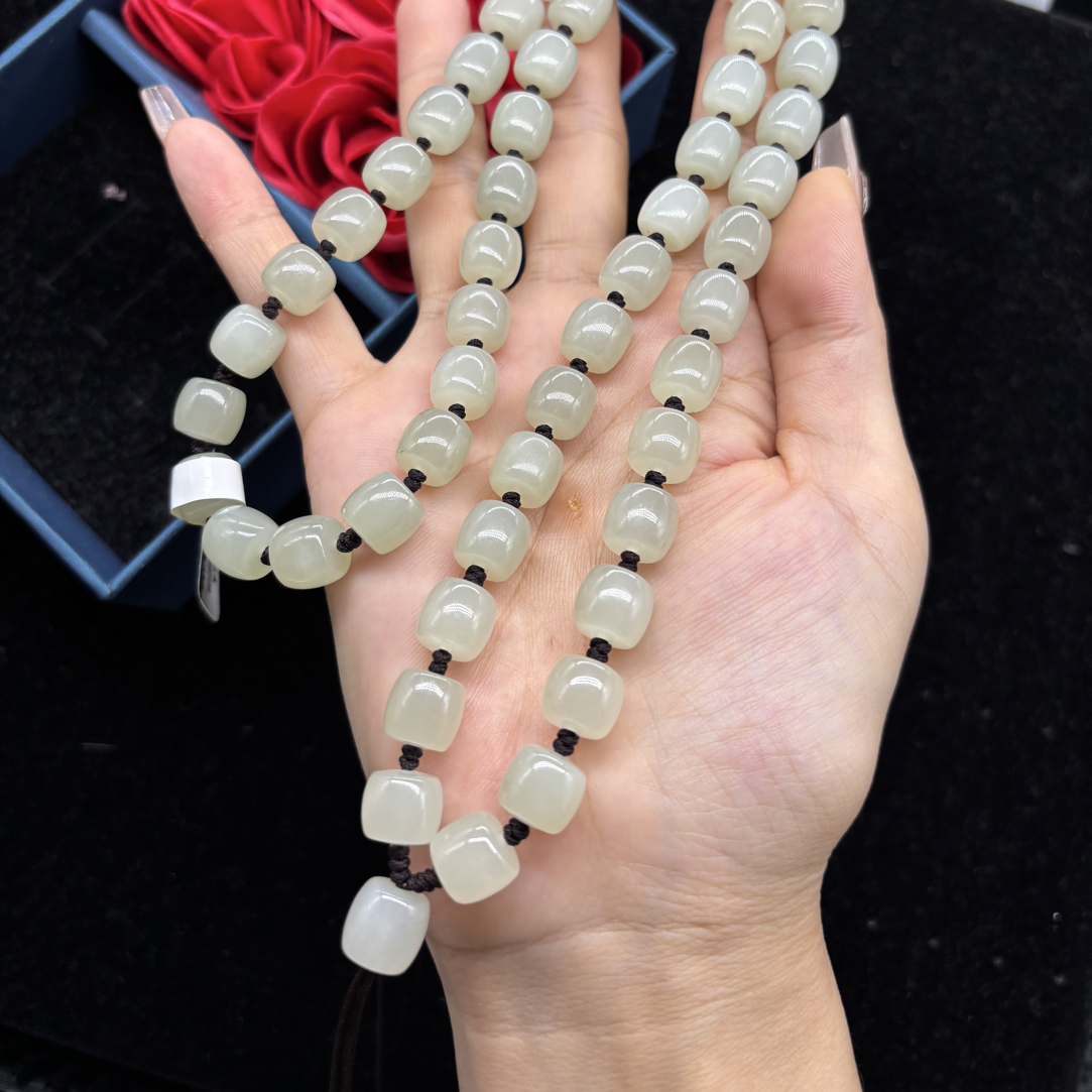 保真天然和田玉白玉直切桶珠10mm玉石挂牌绳毛衣链珠链长链百搭款