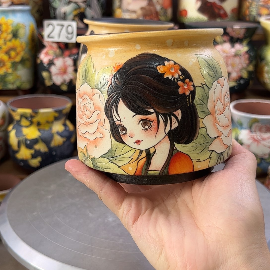 新***兔景德镇炫彩手绘景德镇陶瓷花盆