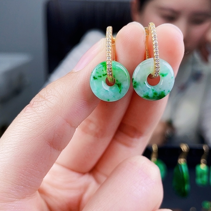 翡翠耳饰银S925镶嵌饰品