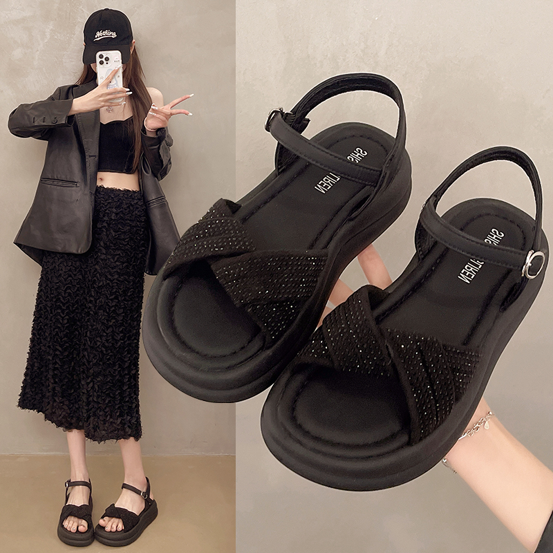 罗马凉鞋仙女风夏季百搭甜辣千金风厚底防滑外穿软底一字带凉鞋女