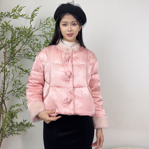 2516#冬款新中式国风提花蝴蝶结装饰毛毛拼接短款90白鸭绒羽绒服