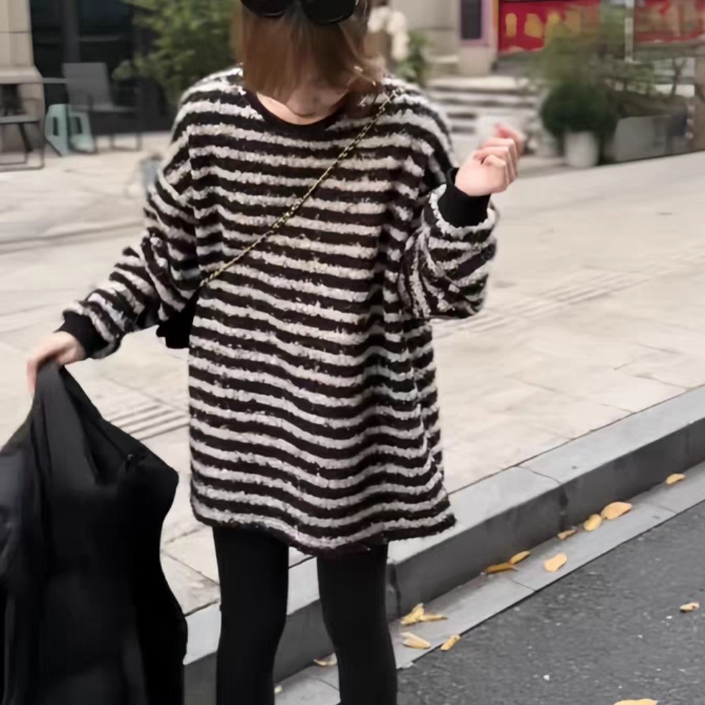 韩系撞色条纹宽松长袖卫衣女秋冬软糯百搭大版中长款上衣