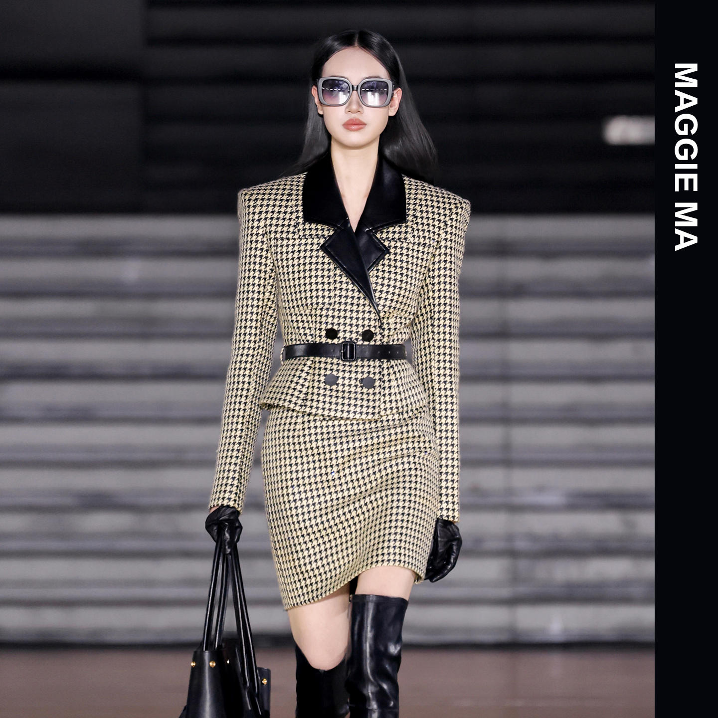 MAGGIE MA马婧黑杏千鸟格撞色拼皮领设计感收腰包臀短裙879C/880B