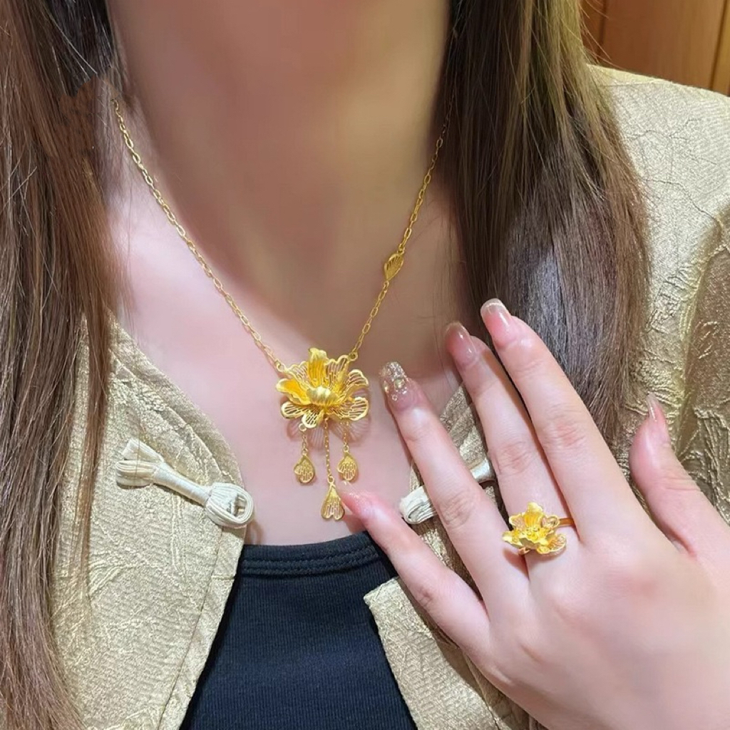 铜合金项链 金店同款莲花流苏套链女款时尚三金婚嫁荷花锁骨链