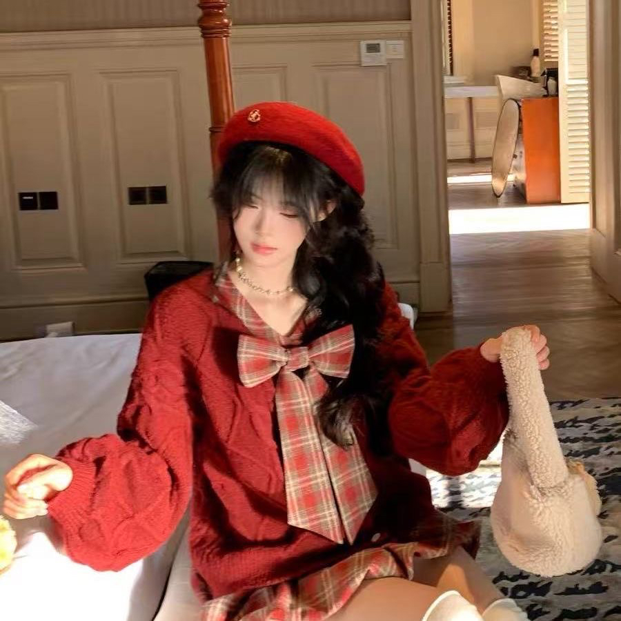 大码胖MM秋冬高级感蝴蝶结毛衣搭格纹半身裙套装减龄甜美新年战袍