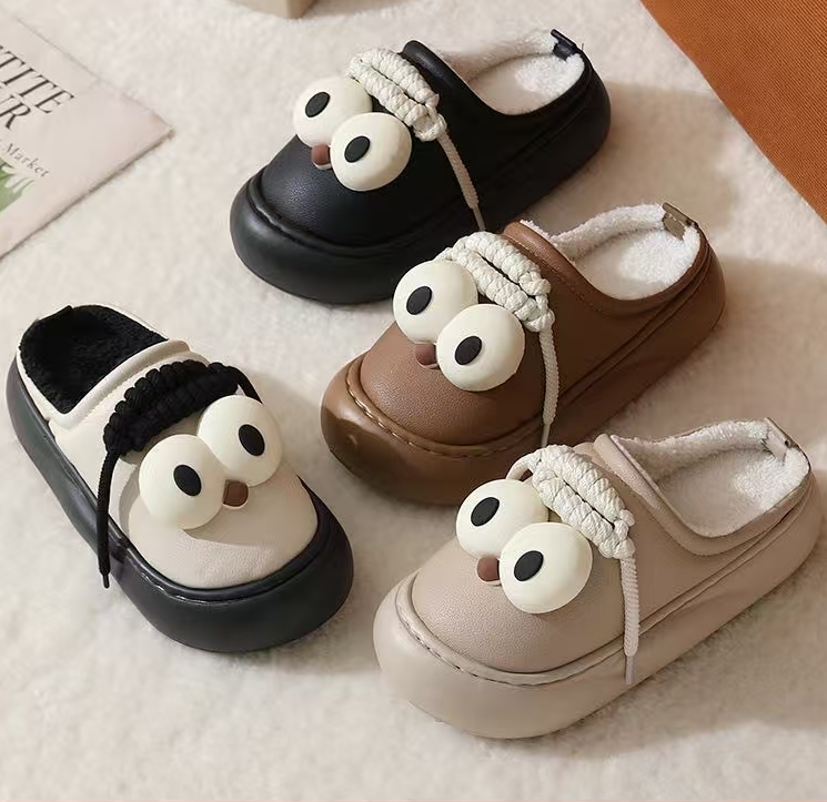 女士秋冬季防水棉卡通厚底防滑保暖包跟室内外穿棉拖鞋