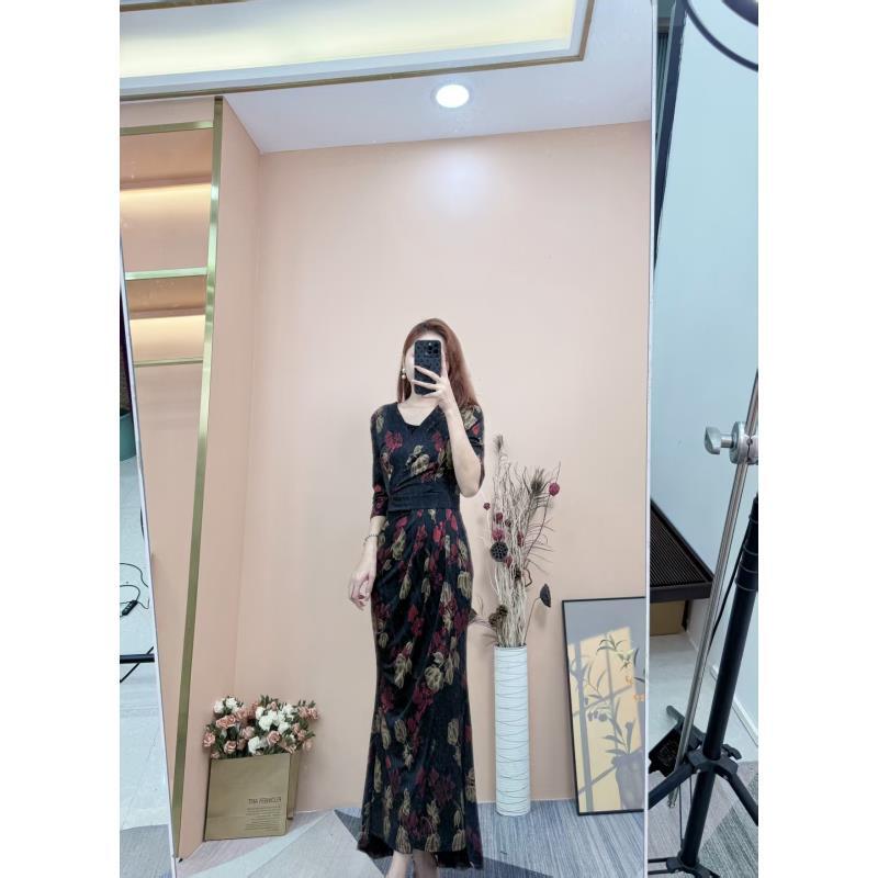 [依易原创]法式复古优雅细闪印花收腰显瘦气质鱼尾长裙A0925