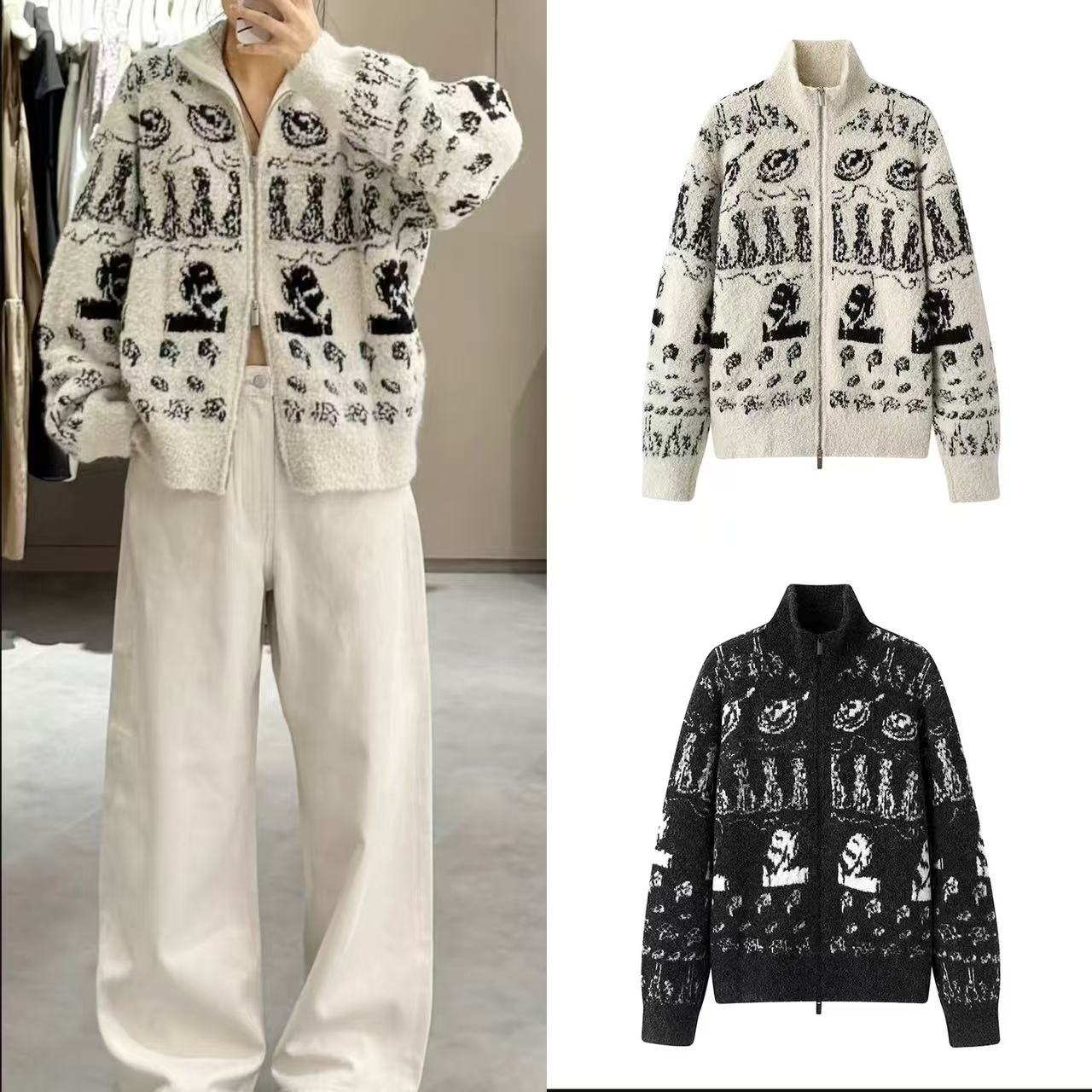 【0916】25秋装新款费尔岛双拉链头立领厚实毛衣针织开衫外套女