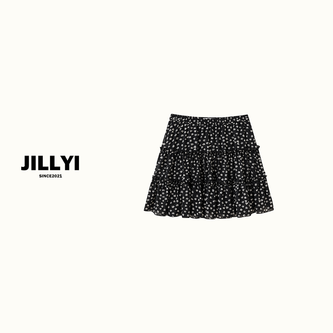 jillyi【秘密花园】黑色碎花洋气夏款显瘦气质时尚百搭半裙