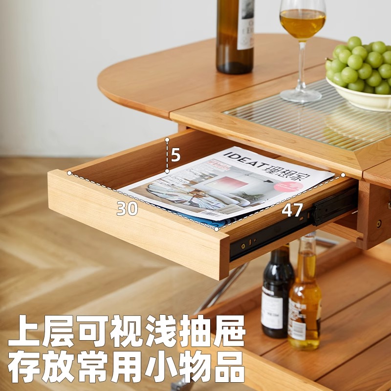 实木可移动折叠茶几小户型客厅不锈钢沙发边角几樱桃木变形小推车