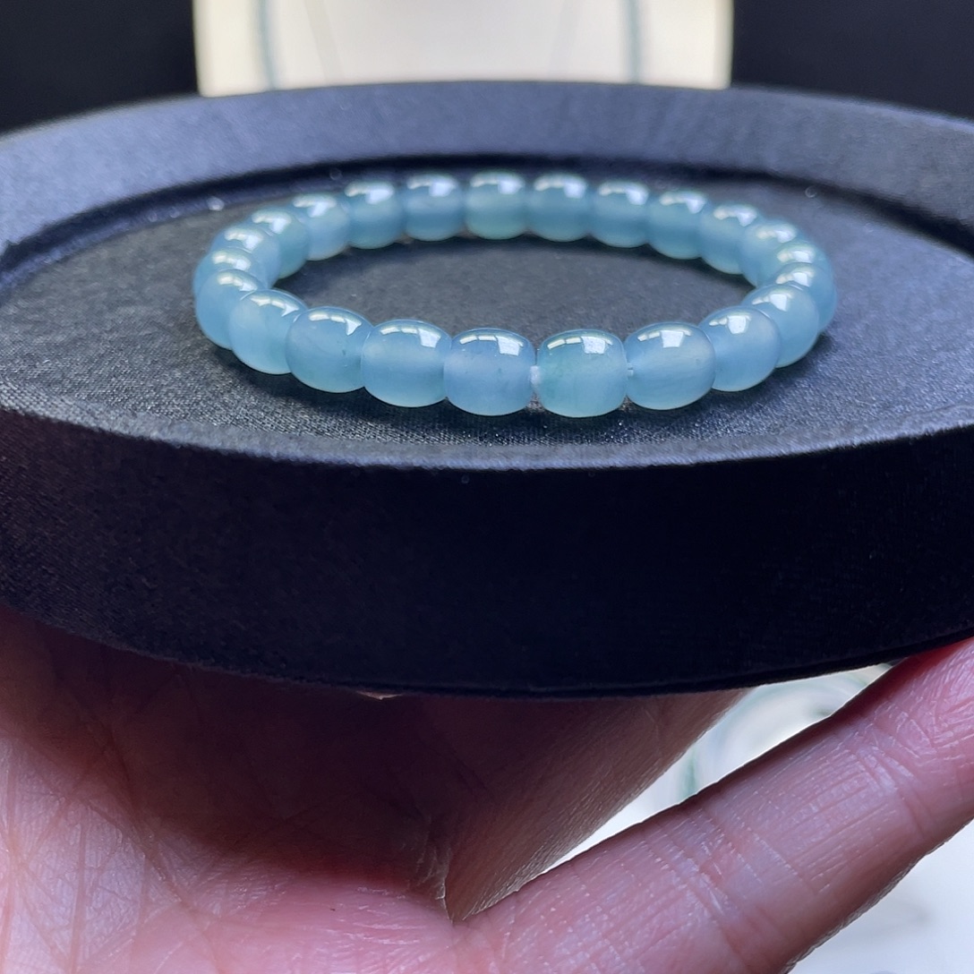 冰***茶翡翠散珠天然A货翡翠卡7.8直切手串30颗