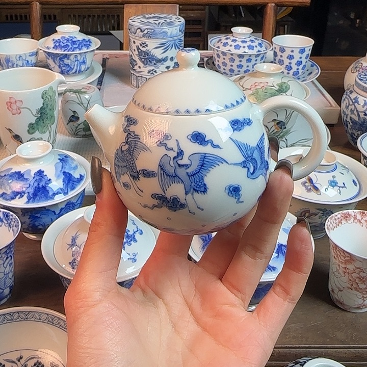 名窑口 六鹤茶壶手绘放漏