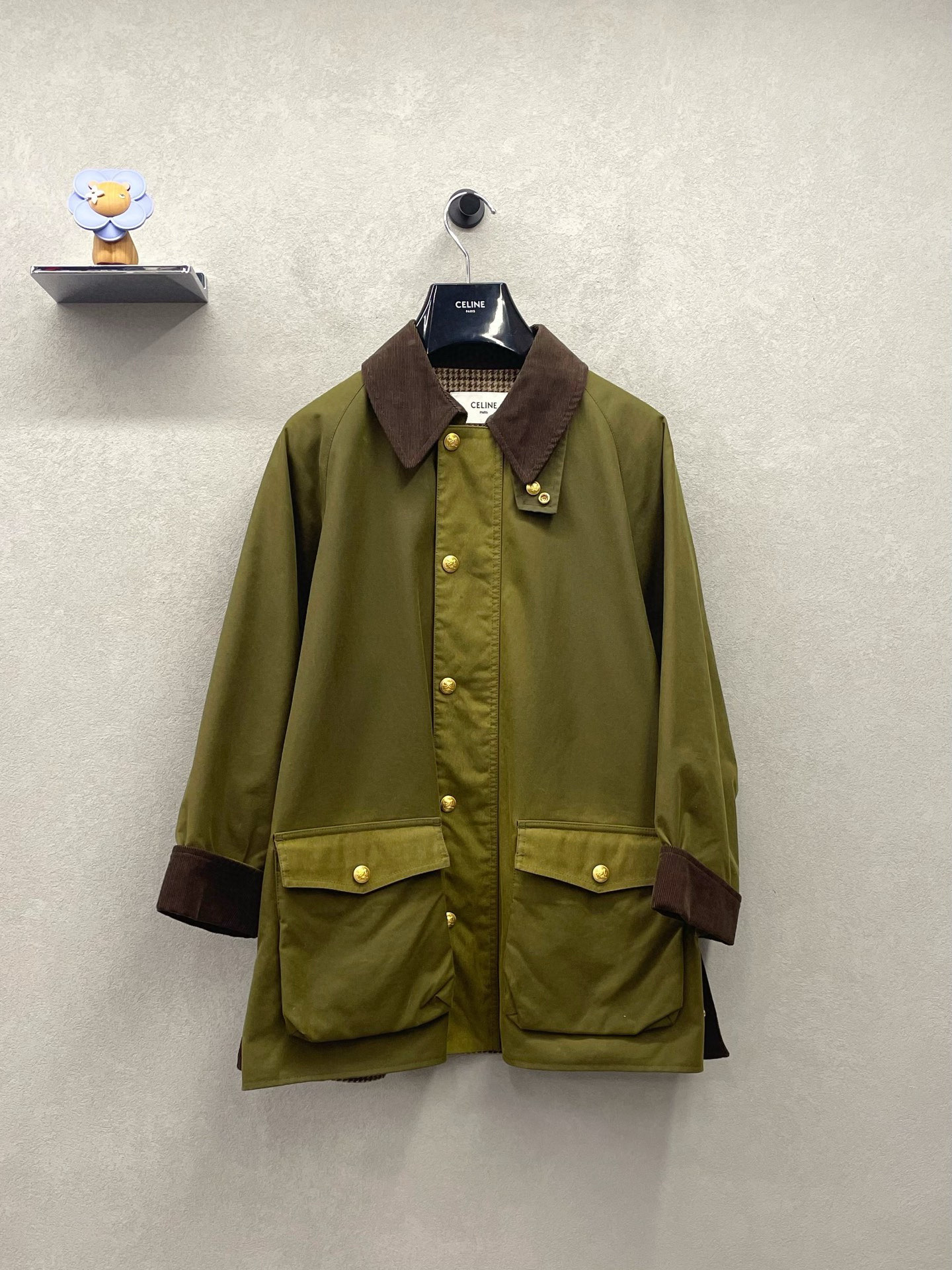99新 Celine/思琳 Celine瑟琳军绿色油蜡皮夹克/尺码34（胸围约110