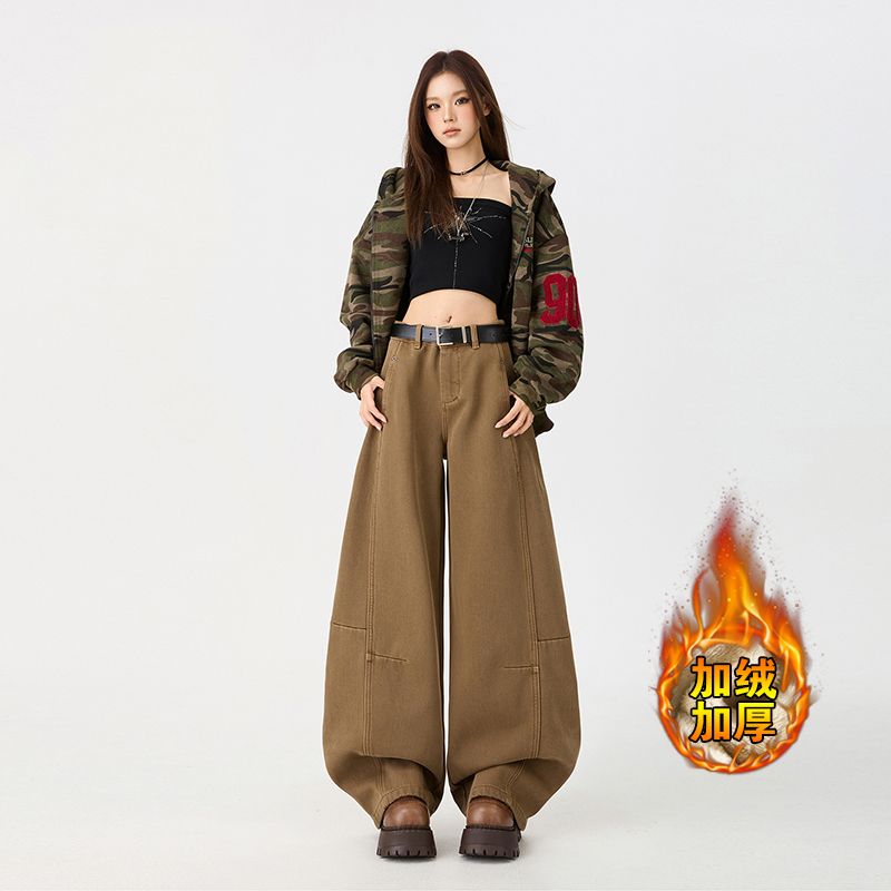 【西月楼】无弹阔腿裤镂空女高腰冬季牛仔裤保暖显瘦加厚宽松975