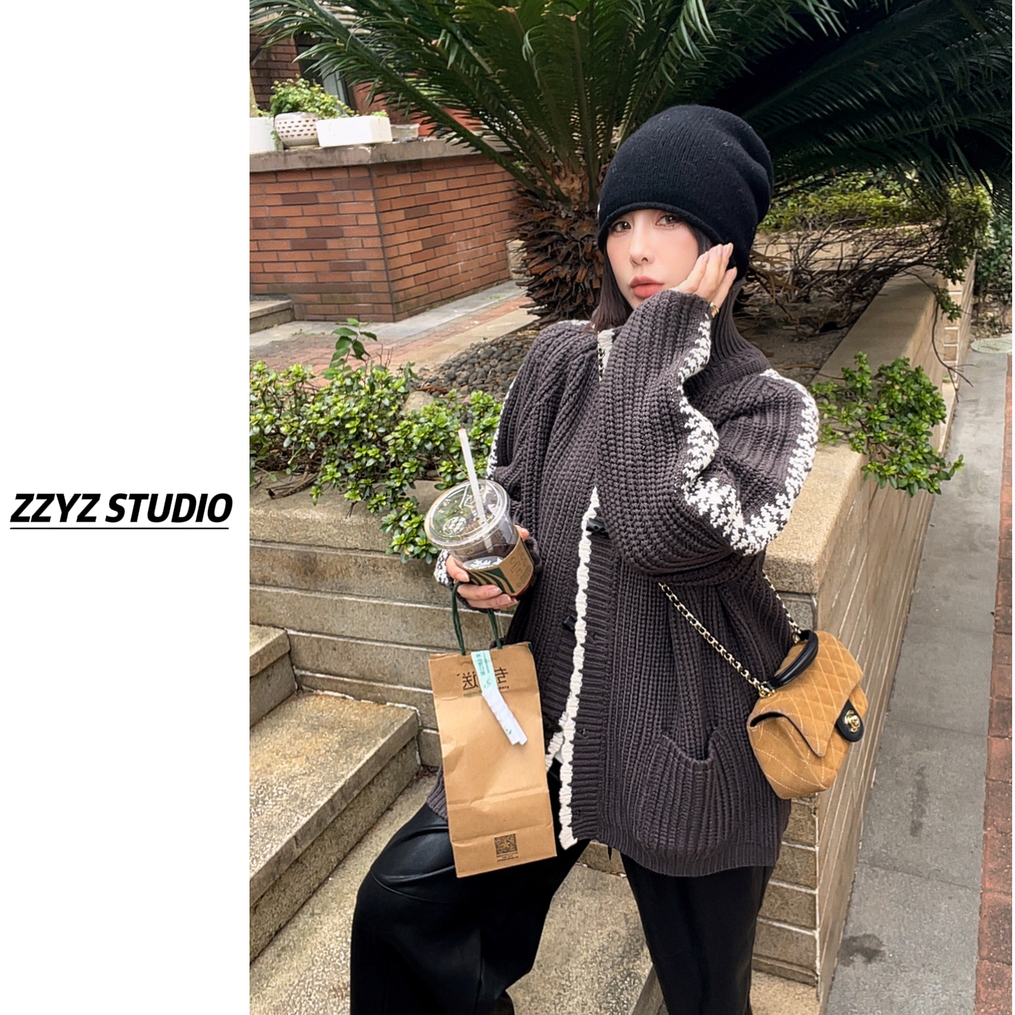 【ZZYZ】“雪纪柔雾”设计感撞色手工勾花粗棒针牛角扣毛衣开衫外套