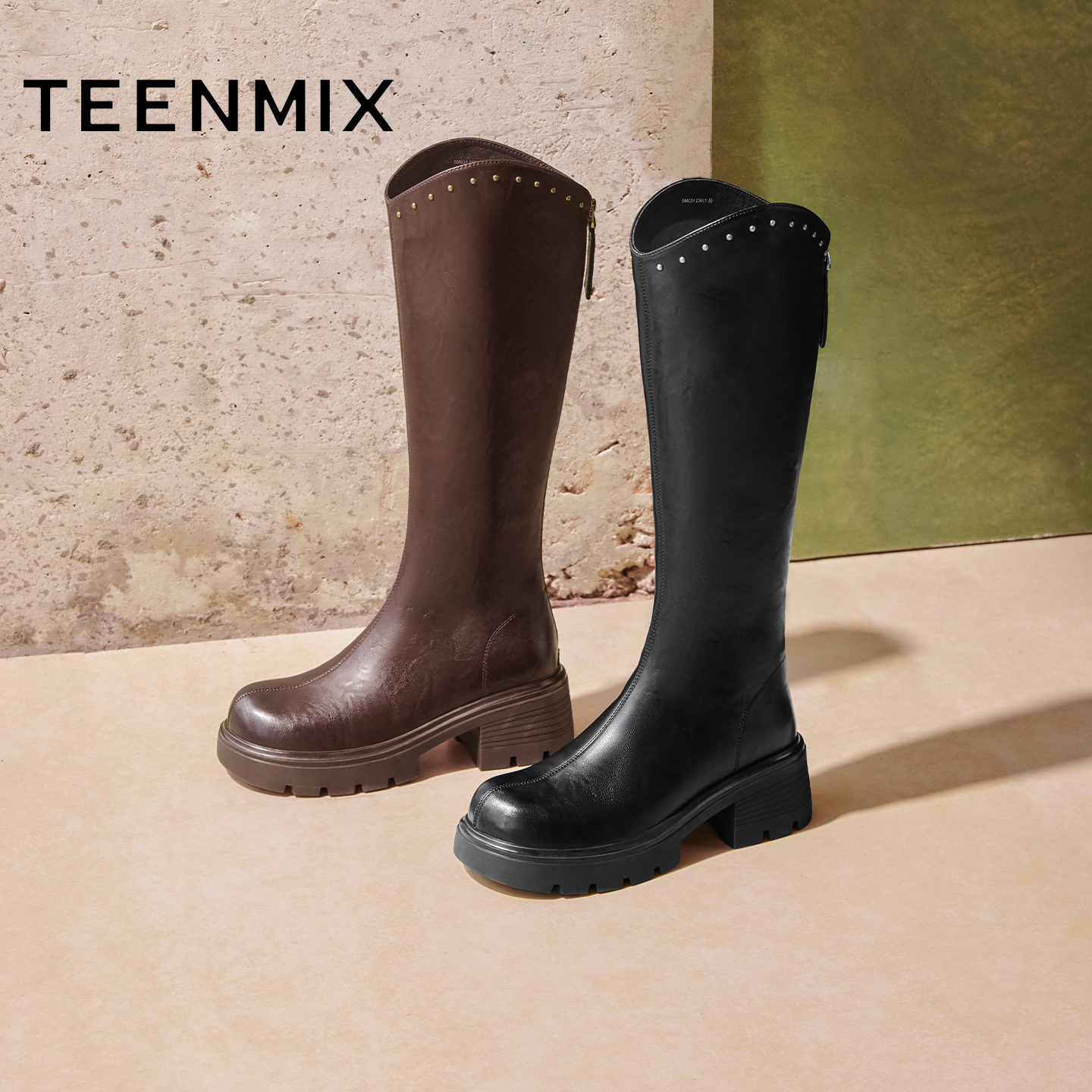 天美意2025冬新款直筒显瘦百搭厚底潮流纯色女骑士靴BM031DG5