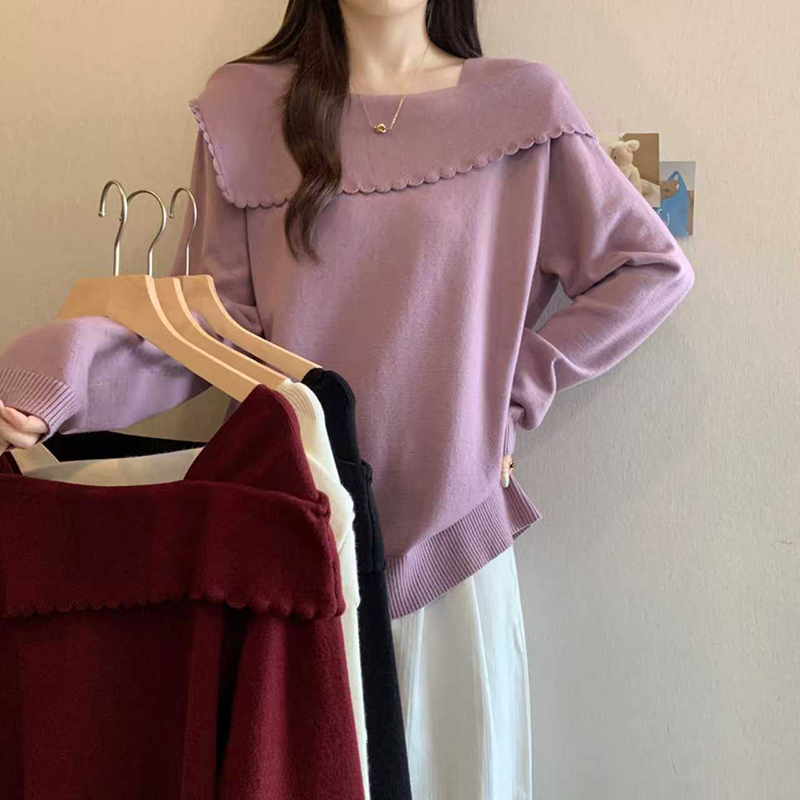 【现货】秋冬新款胖mm大码女韩系翻领钩花软糯长袖针织上衣72105