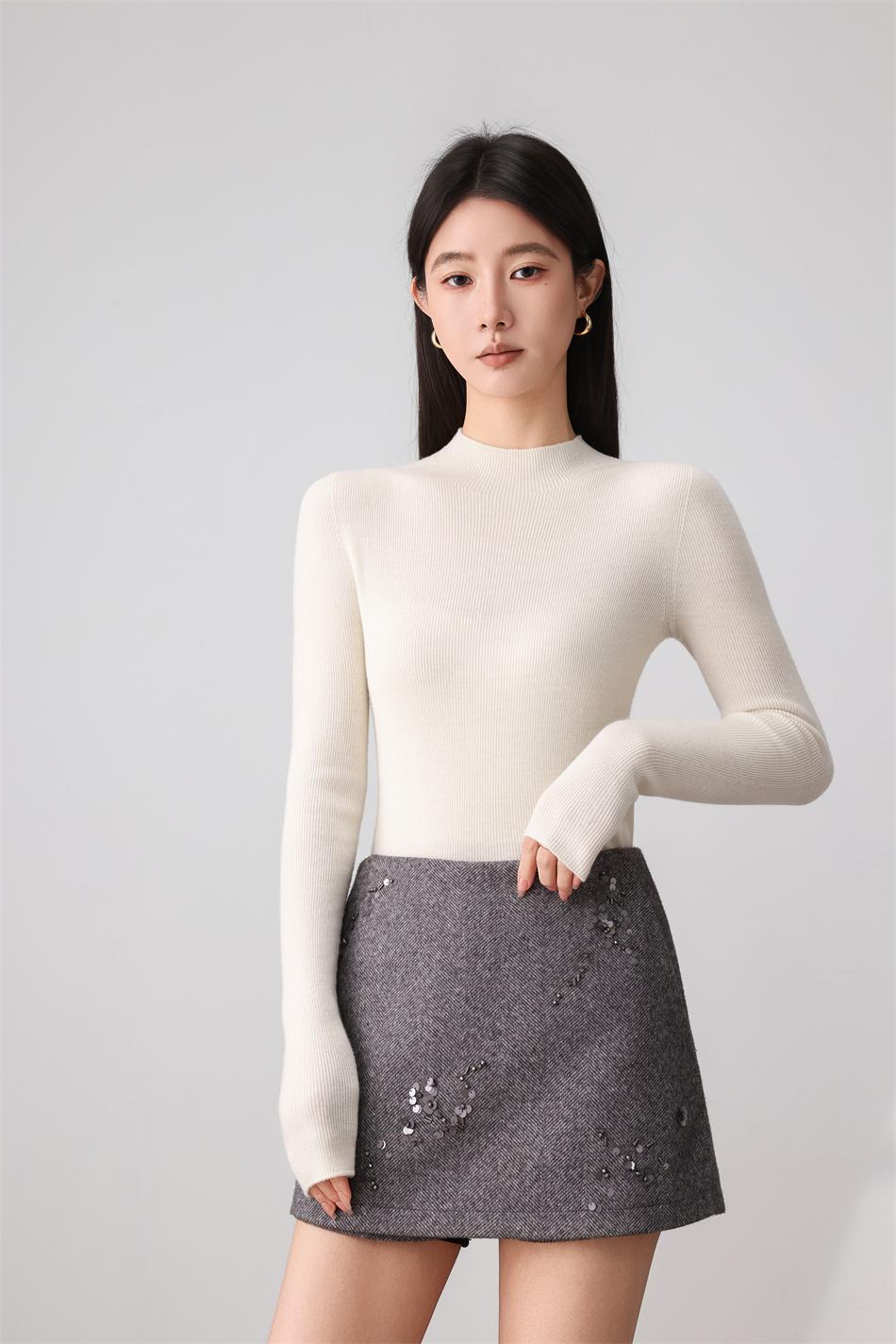 德国扬子纱加厚精纺100%绵羊毛可机洗打底衫保暖针织衫女上衣蓝色