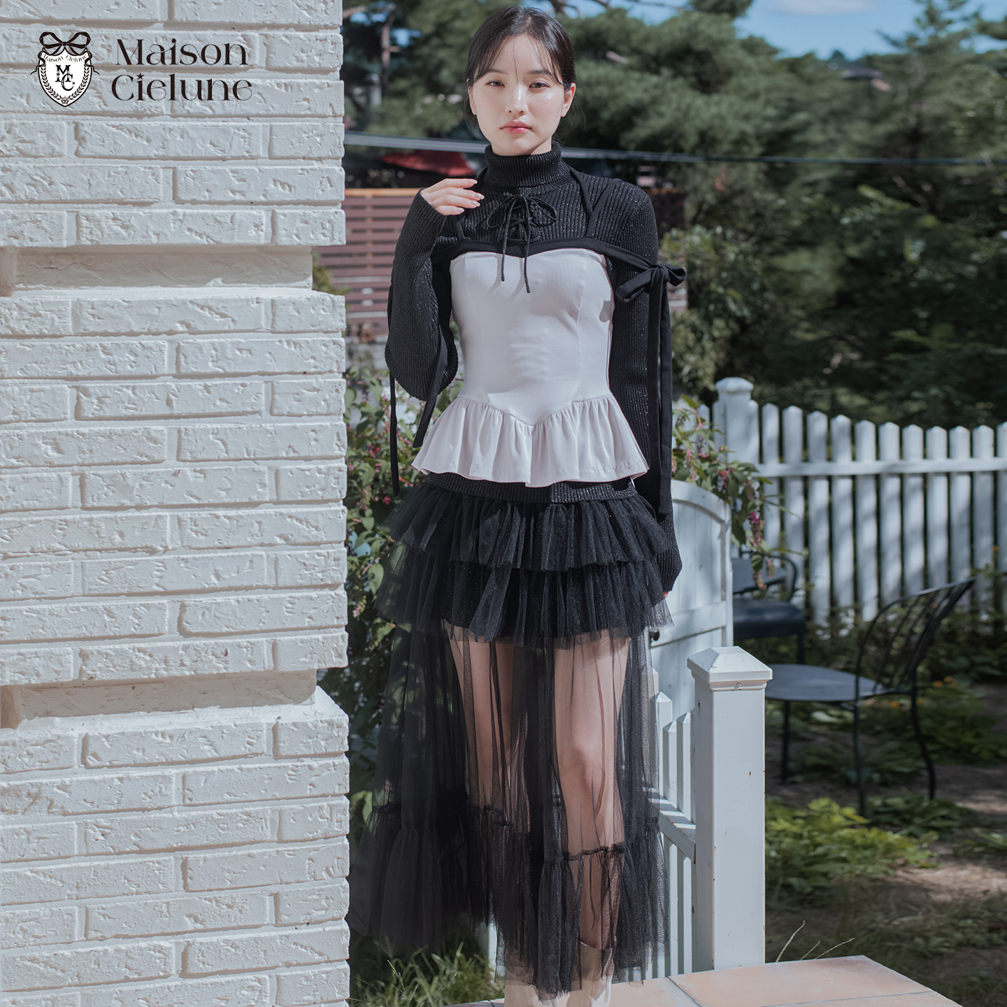 Maison Cielune三层网纱半身裙女新款高腰显瘦百褶仙女裙长款气质