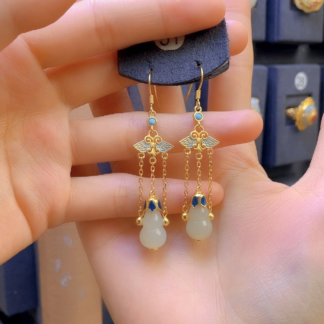 和田玉耳饰银S925镀金镶嵌