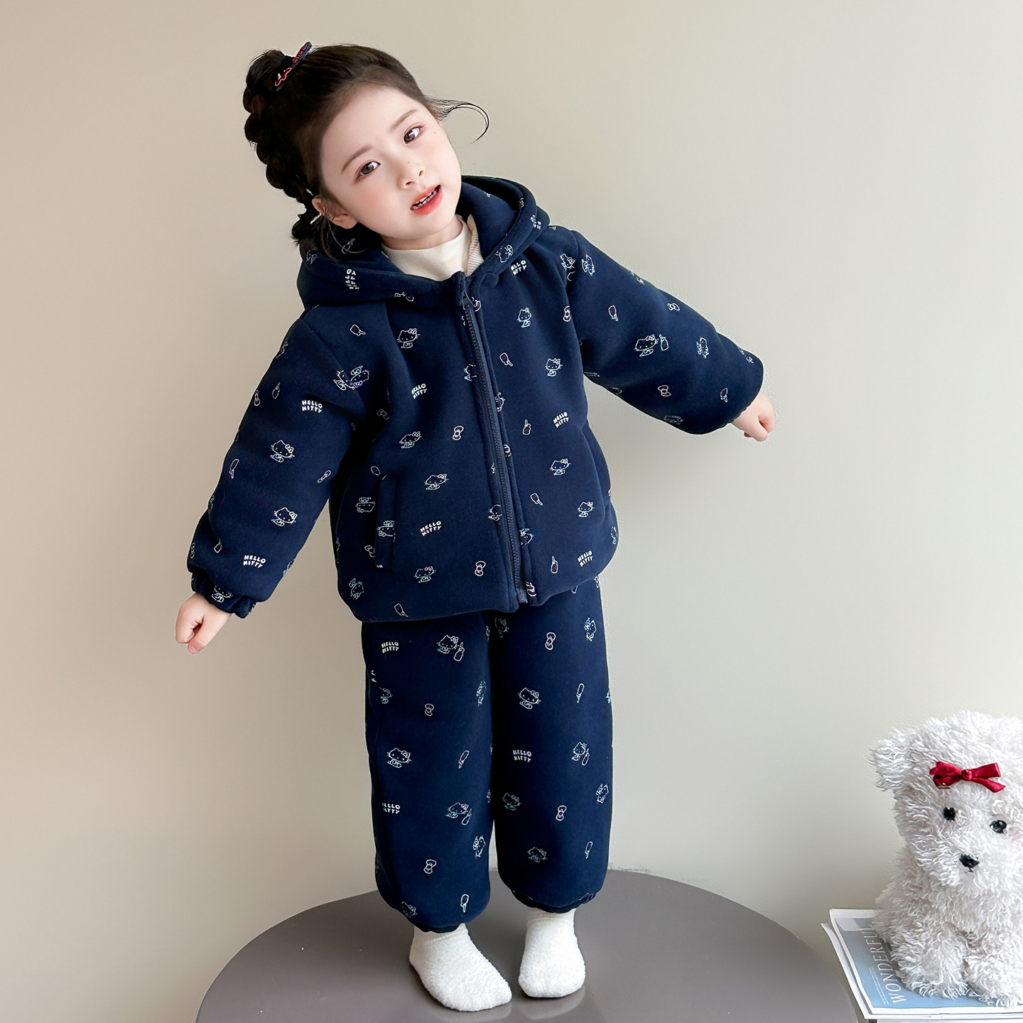 女童夹棉冬款2025新款三层夹棉睡衣儿童珊瑚绒加厚加绒连帽家居服