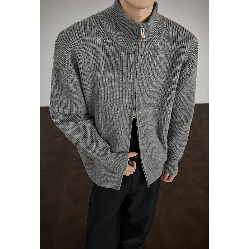 美式立领针织开衫毛衣男女秋冬季复古纯色内搭修身打底衫休闲外套