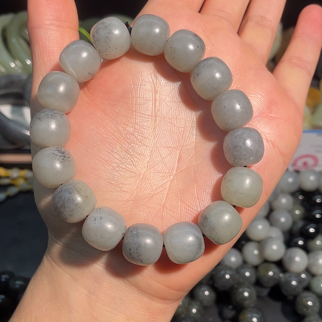 新***苑和田玉未镶嵌手链和田玉子料青花老型珠卡14mm