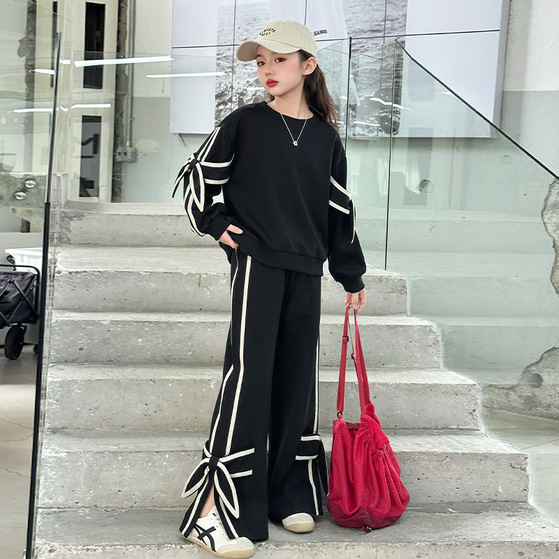 【酷哒仔】女童潮酷范儿蝴蝶结卫衣套装2025春秋中大童韩版两件套装