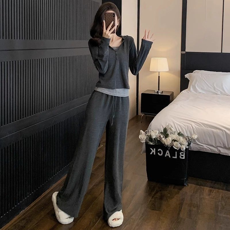 2025时尚套装女春秋假两件设计感上衣+垂感阔腿裤显瘦遮肉套装潮