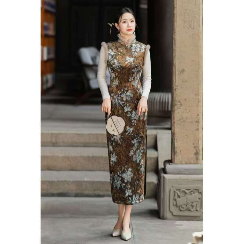 440中式复古优雅花色气质旗袍裙