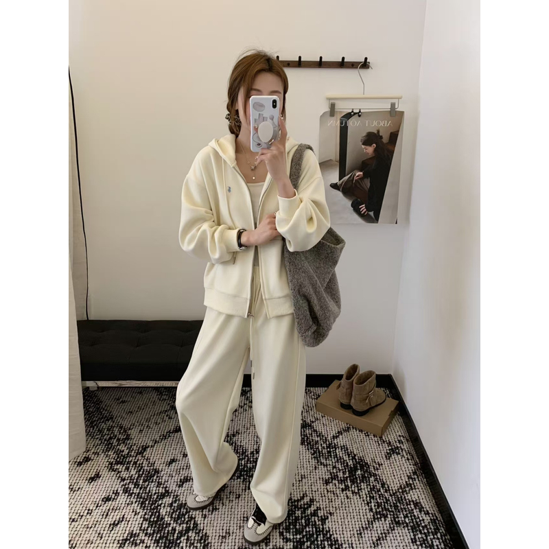 【温翘 STUDIO】学院风宽松休闲阔腿裤连帽卫衣套装两件套秋女